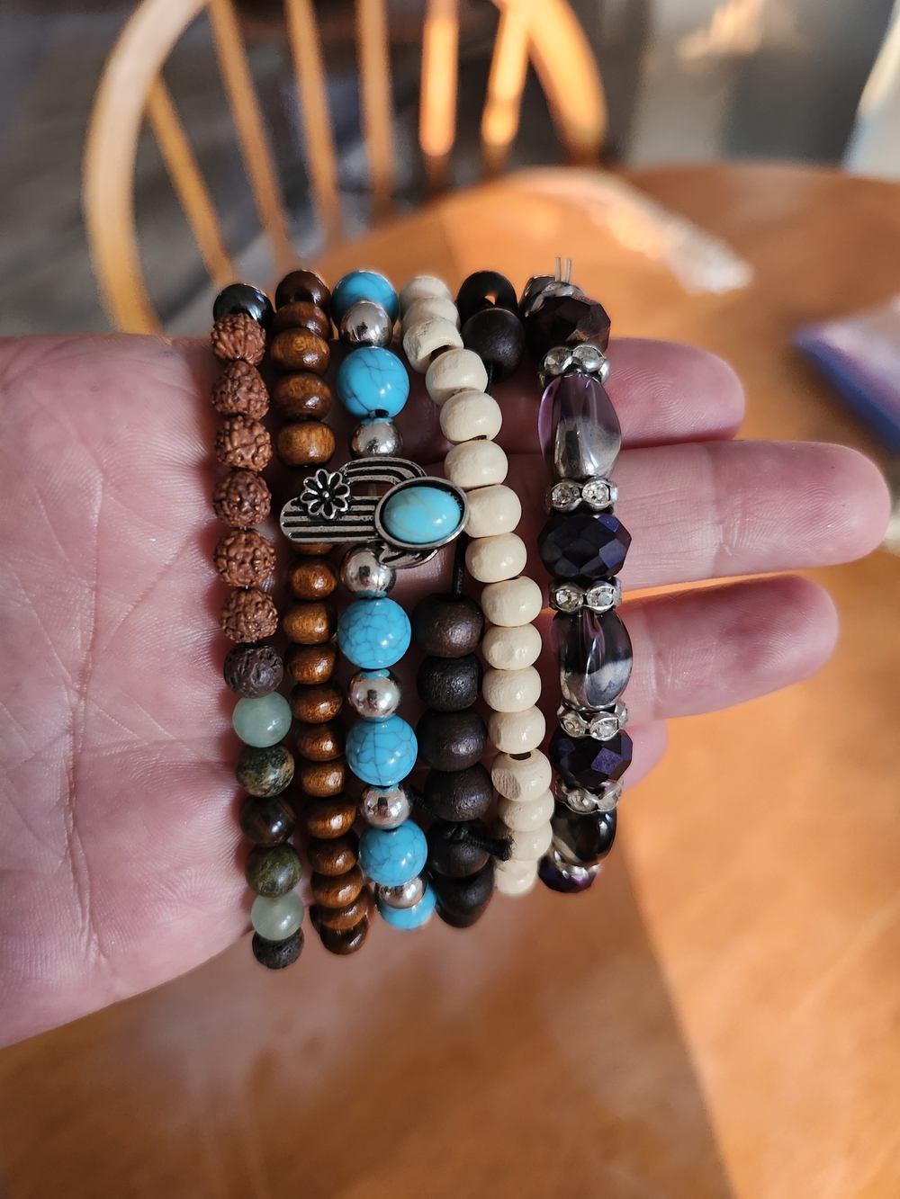 Set of 6 Beaded Stretch Bracelets | Turquoise, Brown, Cream, Purple | Boho Stack